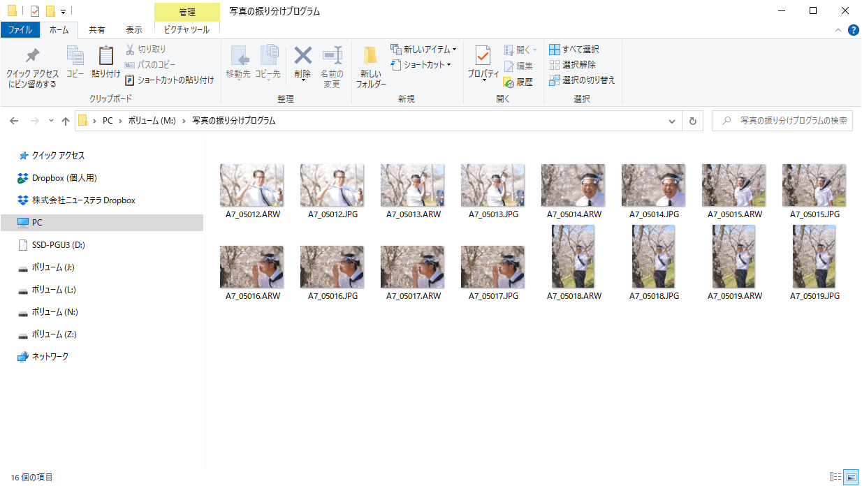 16個のファイルが保存されているエクスプローラーの画面